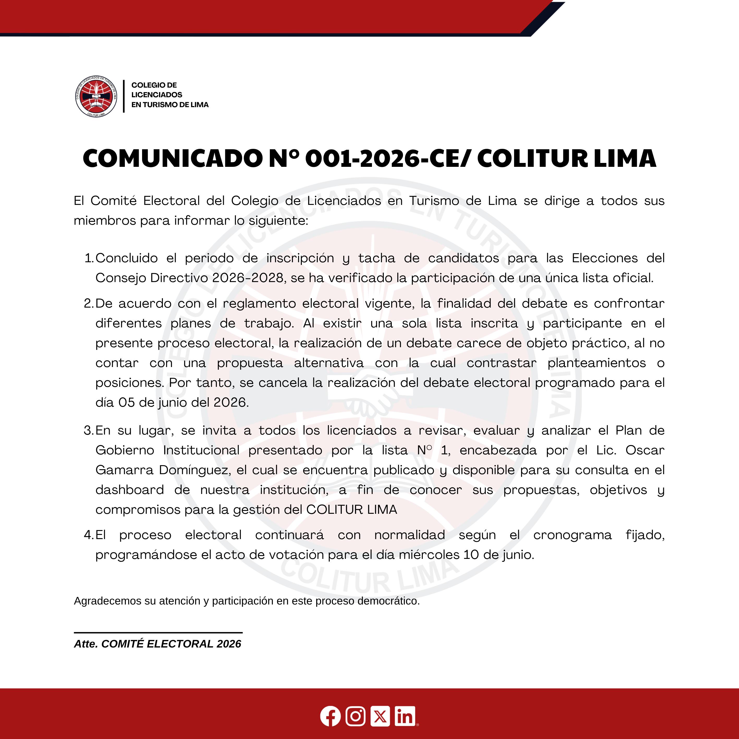 COMUNICADO 001-2026 COMITÉ ELECTORAL 2026